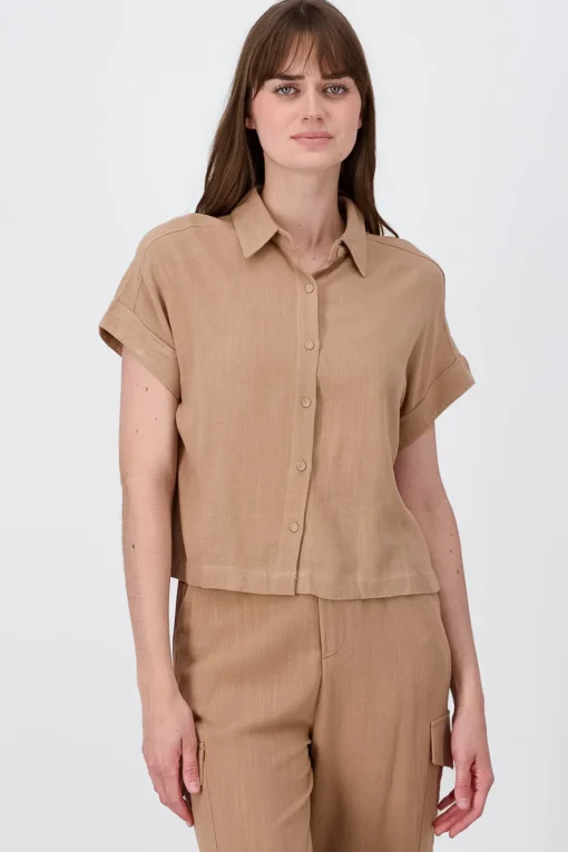 Camisa Crop Manga Corta Lino