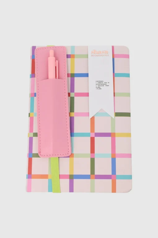 Libreta cuadros elástico estuche pluma