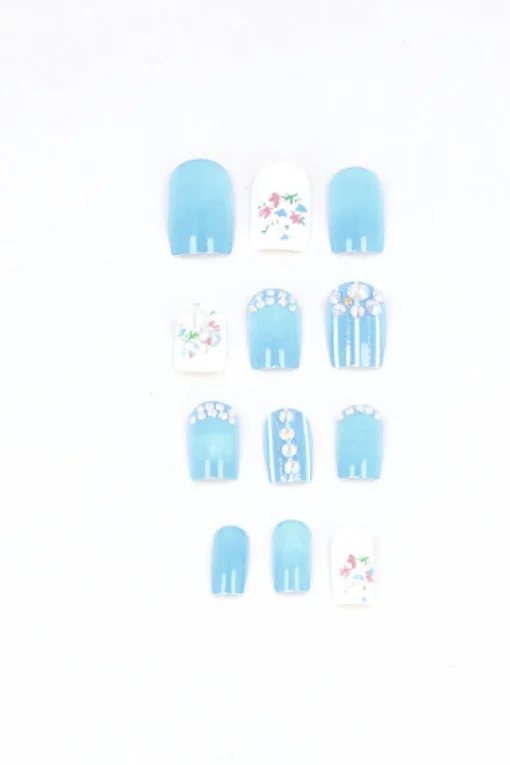 Set 12 uñas postizas flores brillo