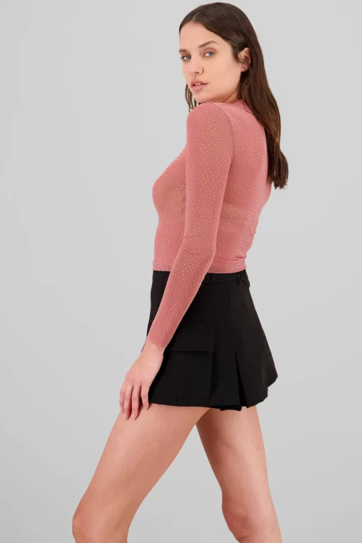 Top Mesh Manga Larga Brillos