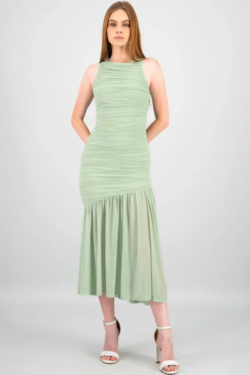 Vestido maxi mesh fruncido