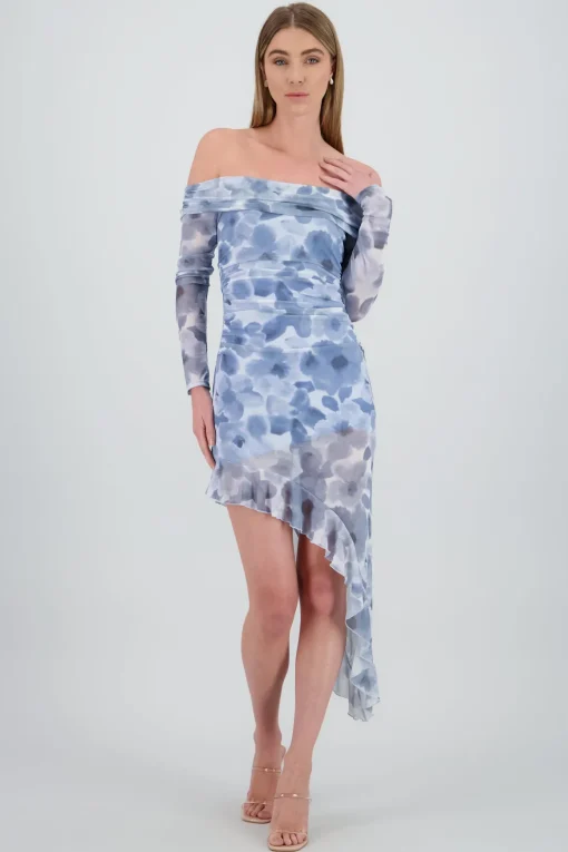 Vestido midi asimetrico sin hombros flores