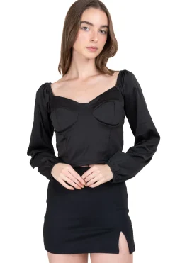 Blusa bustier manga larga satín