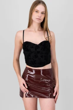 Blusa corset mesh flock con cuello drapeado