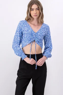 Blusa Crop Manga Larga Flores