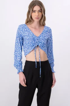Blusa Crop Manga Larga Flores