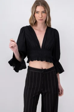 Blusa crop popelina olanes mangas