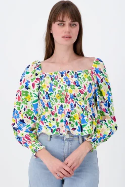 Blusa Manga Larga Abullonada Estampado Flores