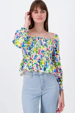 Blusa Manga Larga Abullonada Estampado Flores