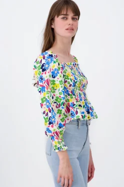 Blusa Manga Larga Abullonada Estampado Flores