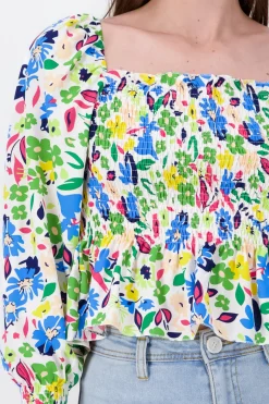 Blusa Manga Larga Abullonada Estampado Flores