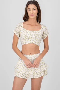 Blusa mnaga abullonada detalle liston estampada