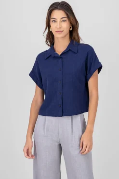 Camisa crop manga corta lino