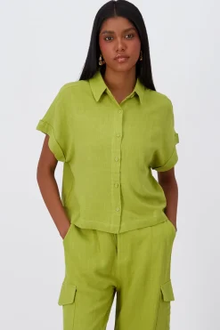 Camisa Crop Manga Corta Lino