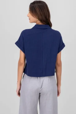 Camisa crop manga corta lino