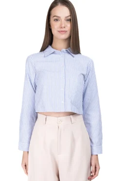 Camisa crop rayas bolsillos doble
