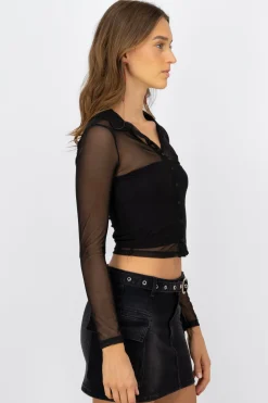 Camisa de mesh de manga larga ocn botones