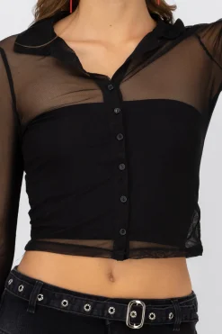 Camisa de mesh de manga larga ocn botones