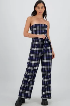 Jumpsuit strapless detalle cinturón cuadros