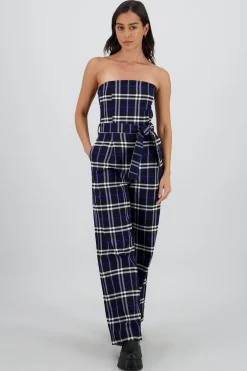 Jumpsuit strapless detalle cinturón cuadros