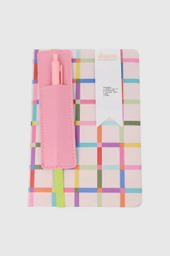 Libreta cuadros elástico estuche pluma