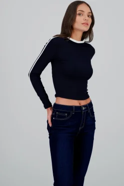 Playera manga larga rib lineas contraste