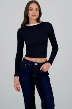 Playera manga larga rib lineas contraste