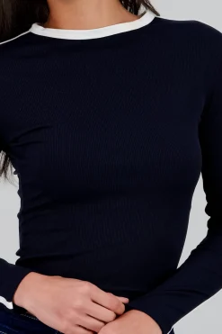 Playera manga larga rib lineas contraste