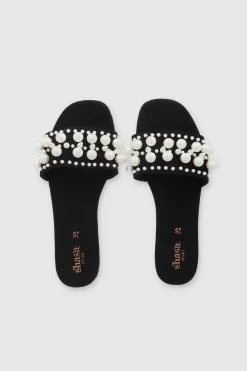 Sandalia Plana Tercipelo Perlas