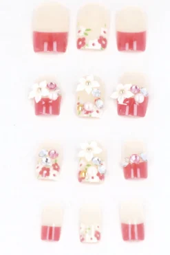 Set 12 uñas postizas flores brillo