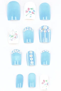 Set 12 uñas postizas flores brillo