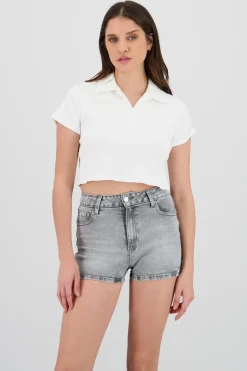 Top boxy rib con cuello polo