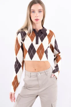 Top crop cuello tejido rombos