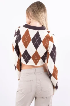 Top crop cuello tejido rombos