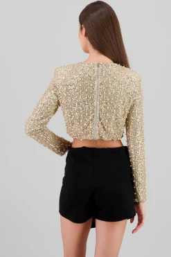 Top manga larga crop lentejuela detalle aplicacion