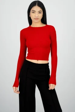 Top manga larga cuello alto acanalado