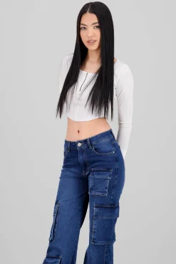 Top manga larga escote cuadrado con broches