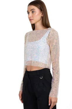 Top manga larga lentejuelas iridiscentes