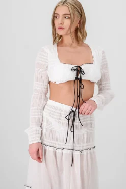 Top manga larga smock cintas contraste