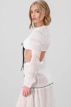 Top manga larga smock cintas contraste