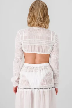 Top manga larga smock cintas contraste