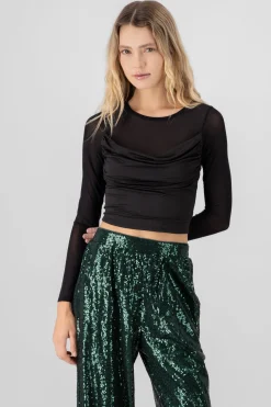 TOP MESH LISO CON MANGA LARGA DRAPEDADO