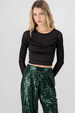 TOP MESH LISO CON MANGA LARGA DRAPEDADO