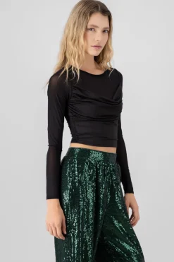 TOP MESH LISO CON MANGA LARGA DRAPEDADO