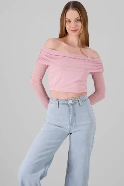 Top off shoulder de mesh liso