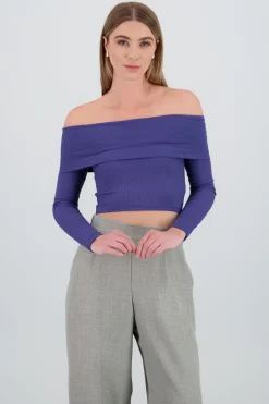 Top off shoulder manga larga rib