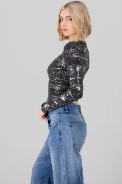 Top rib manga larga detalle foil