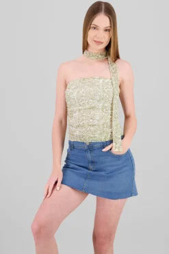 Top strapless drapeado mesh detalle bufanda