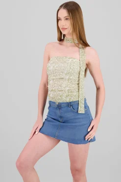 Top strapless drapeado mesh detalle bufanda