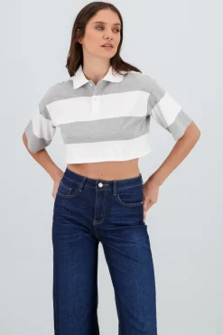 T-shirt crop cuello polo detalle rayas